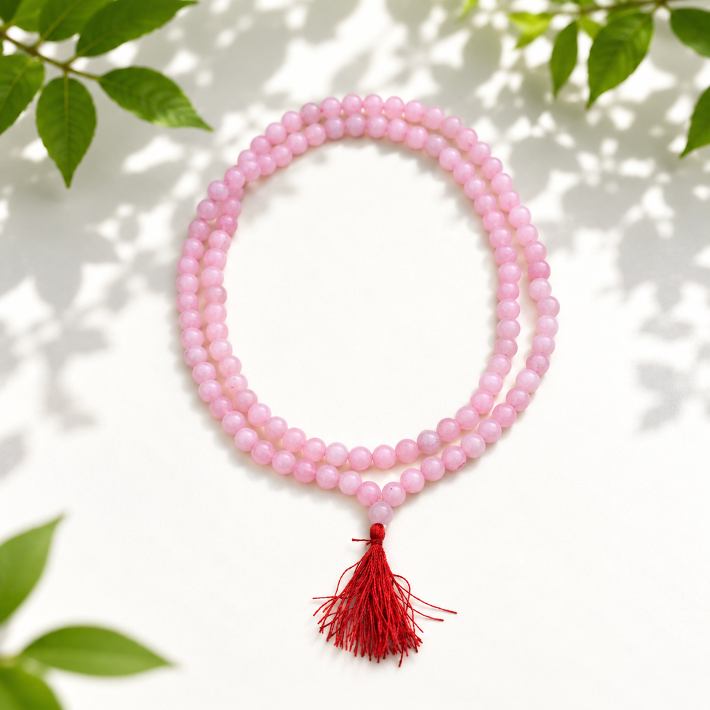 Natural Rose Quartz Gemstone Mala (8mm) – Authentic Soft Pink Crystal 108 Beads Mala