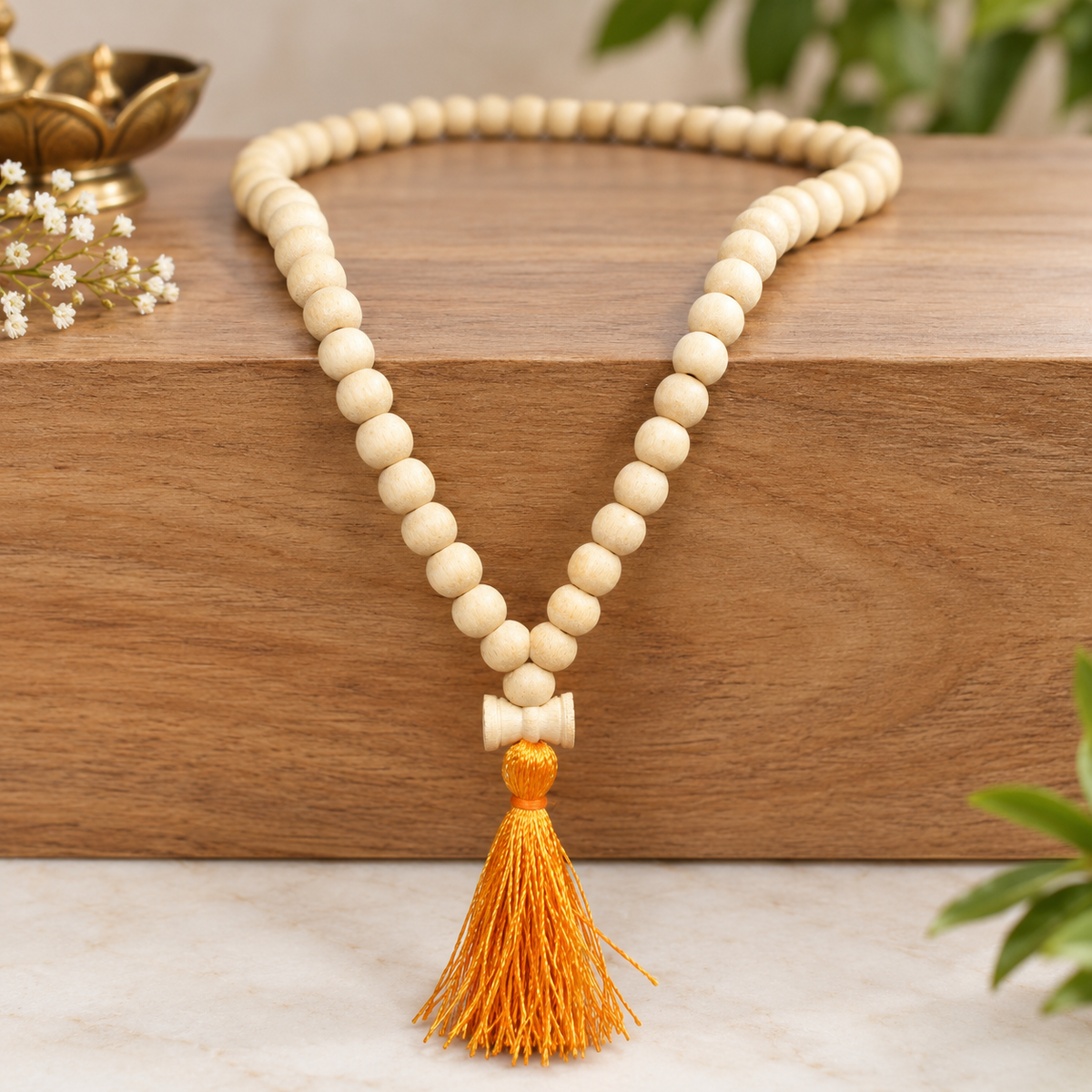 Natural Bel Wood Mala with Damru – Handcrafted Traditional Bilva Wood Spiritual Mala