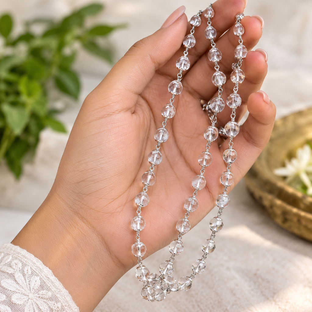 Natural Sphatik Mala with German Silver Caps – Authentic Clear Quartz Beads