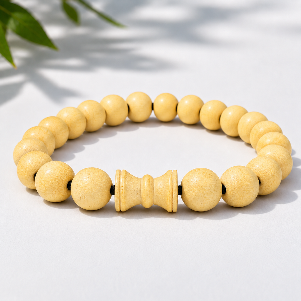 Bel Wood Bracelet with Damru – Natural Bilva Wood Beads &amp; Carved Focal Element