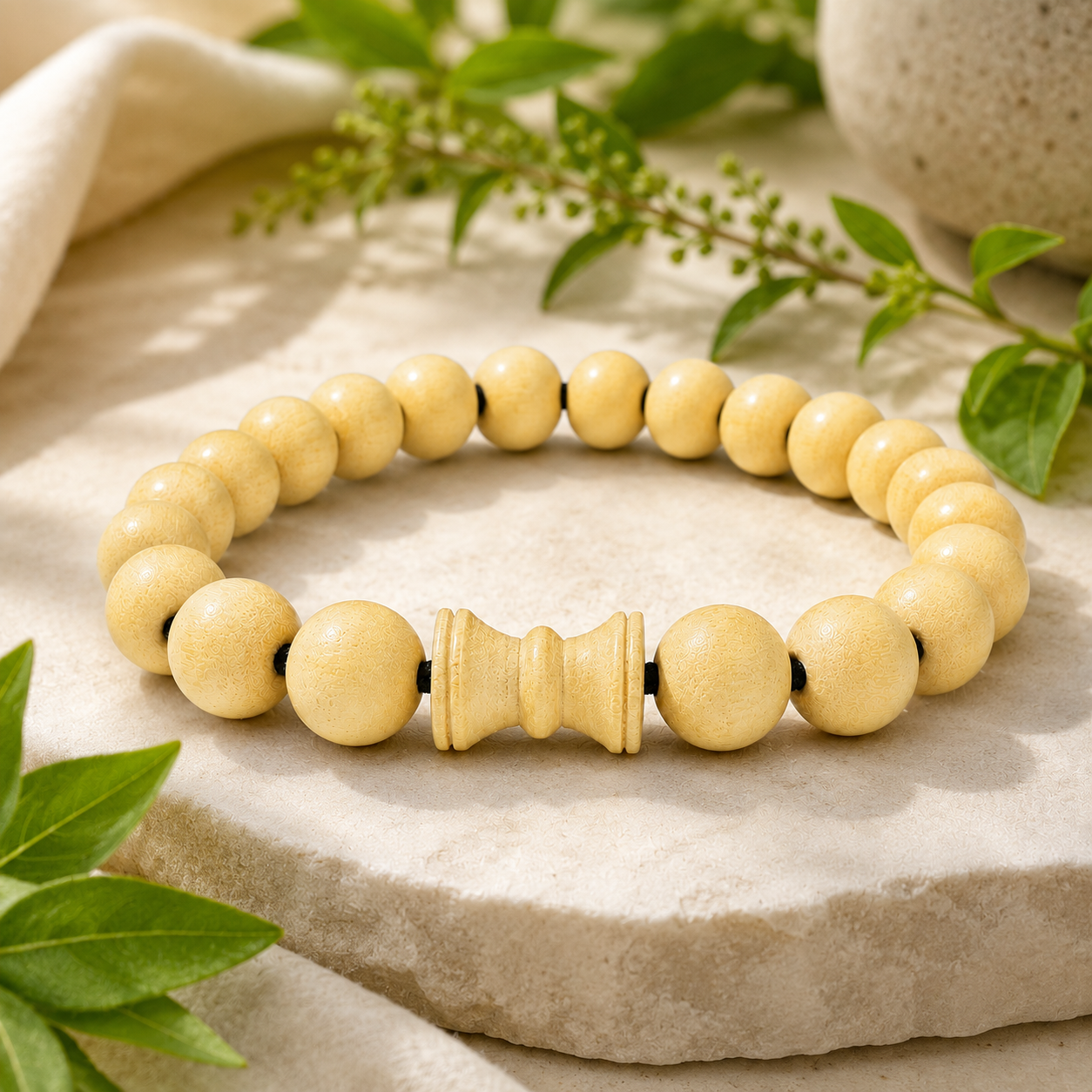 Bel Wood Bracelet with Damru – Natural Bilva Wood Beads &amp; Carved Focal Element