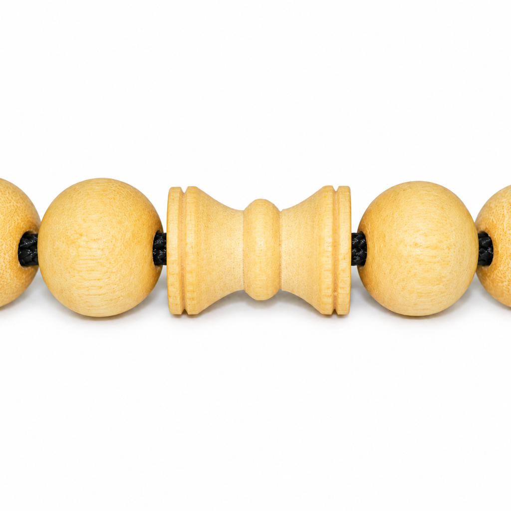 Bel Wood Bracelet with Damru – Natural Bilva Wood Beads &amp; Carved Focal Element