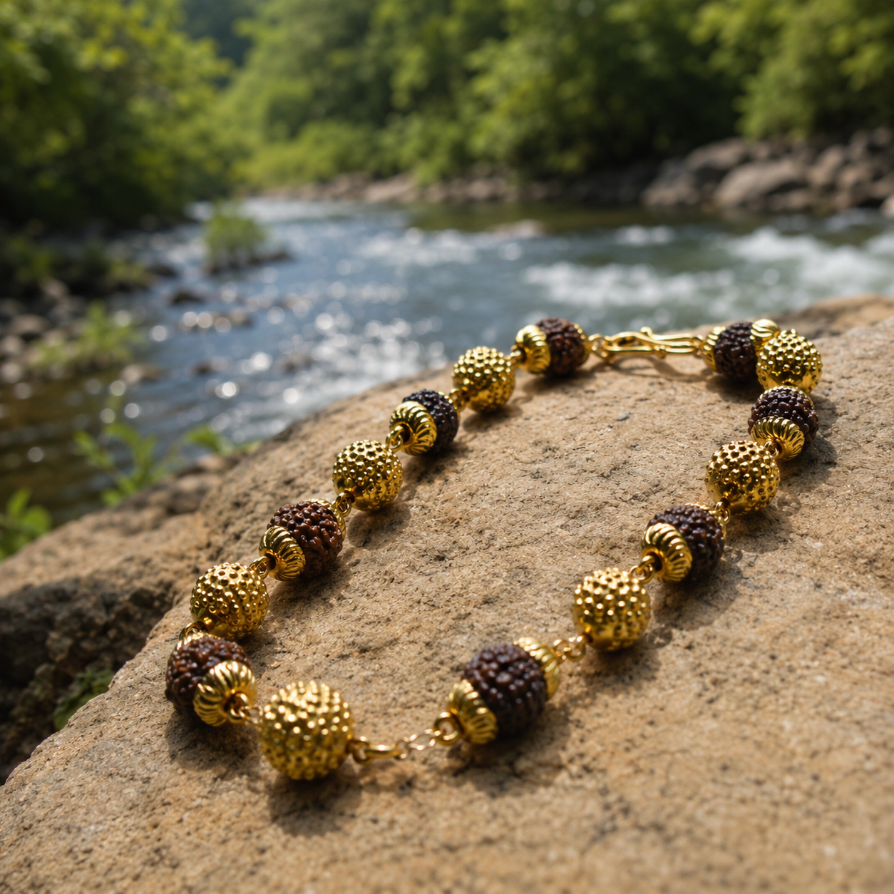 Gold Plated Modern Rudraksha Bracelet – Natural Beads with Premium Metallic Accents
