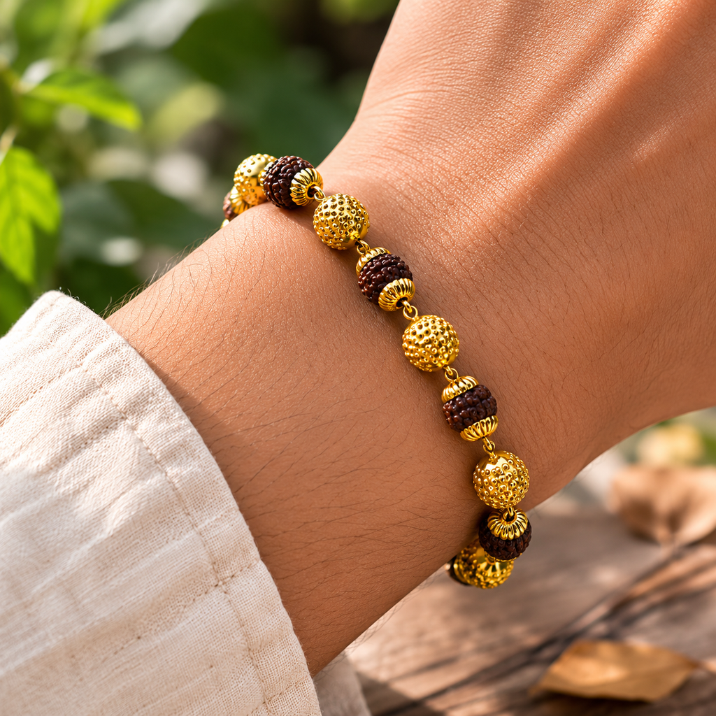 Gold Plated Modern Rudraksha Bracelet – Natural Beads with Premium Metallic Accents