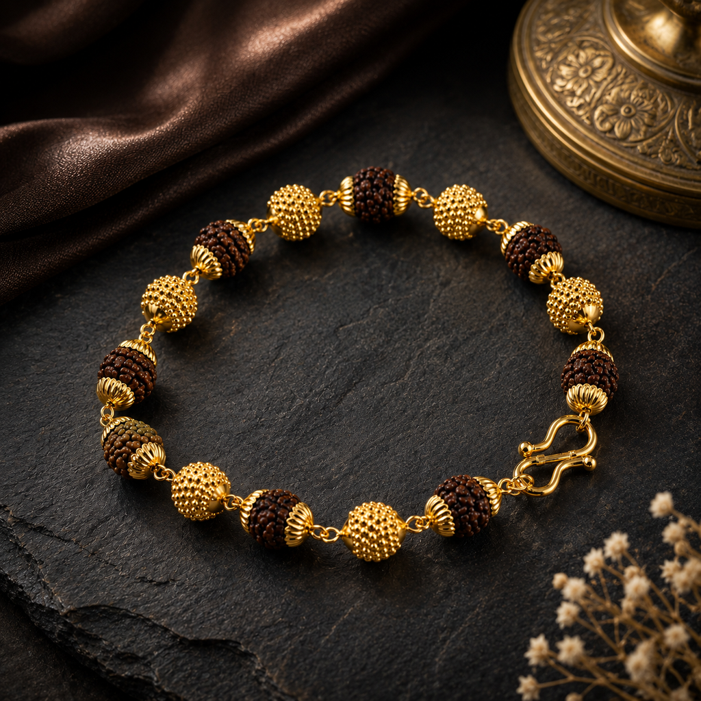 Gold Plated Modern Rudraksha Bracelet – Natural Beads with Premium Metallic Accents