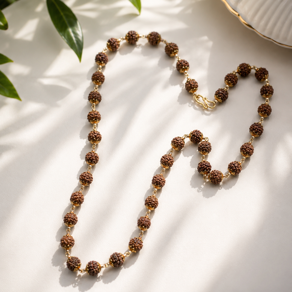 Gold Plated Modern Rudraksha Mala – Natural Beads with Premium Metallic Caps & Accents