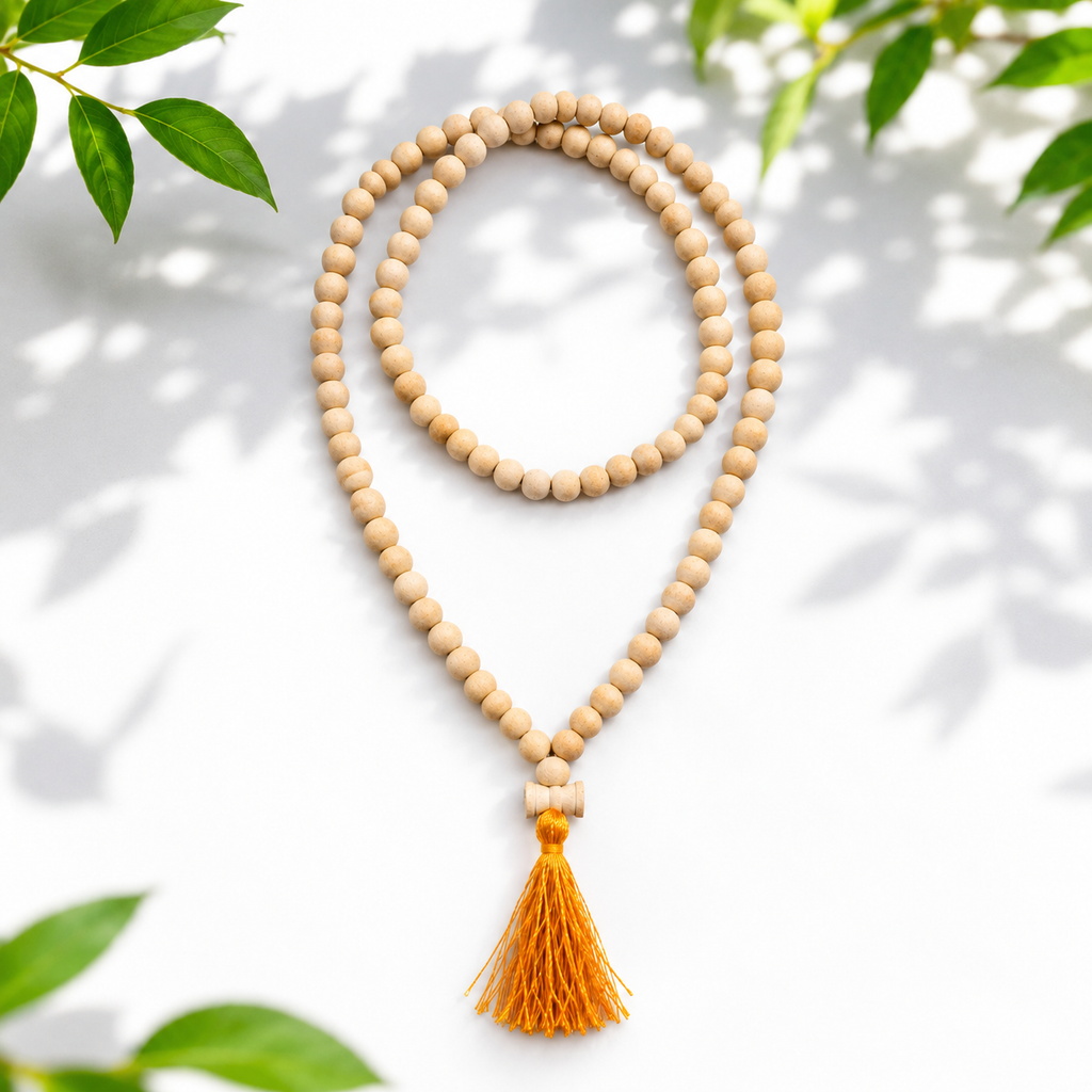 Natural Bel Wood Mala with Damru – Handcrafted Traditional Bilva Wood Spiritual Mala