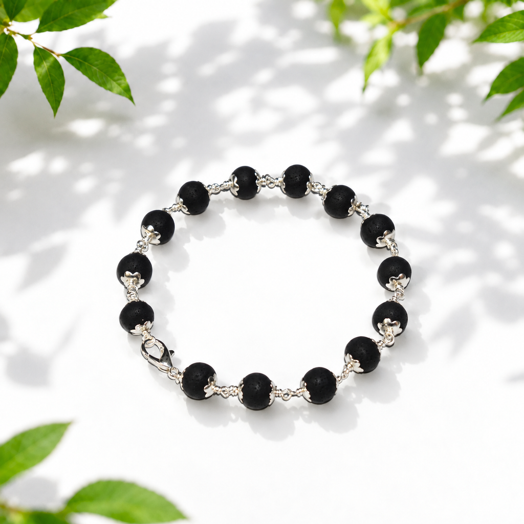 Karungali Bracelet with German Silver Cap – 8mm | Natural Black Ebony Wood