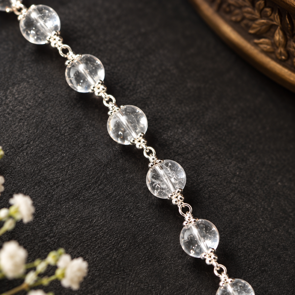 Natural Sphatik Mala with German Silver Caps – Authentic Clear Quartz Beads
