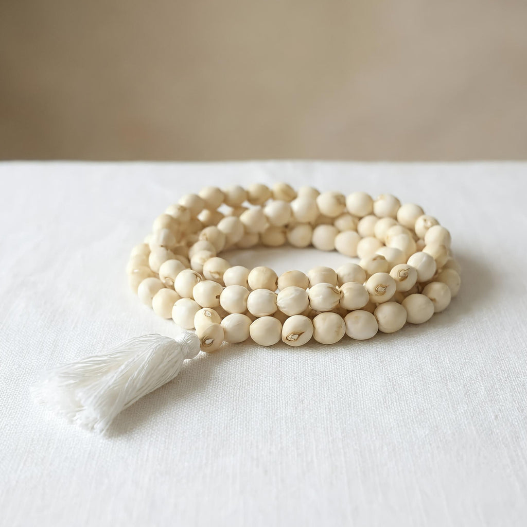 White Gunja Mala (Safed Chirmi) – Natural Seeds 108 Beads