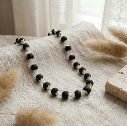 Karungali Malai Necklace - Silver Cap Plated (Black Ebony) - 8mm