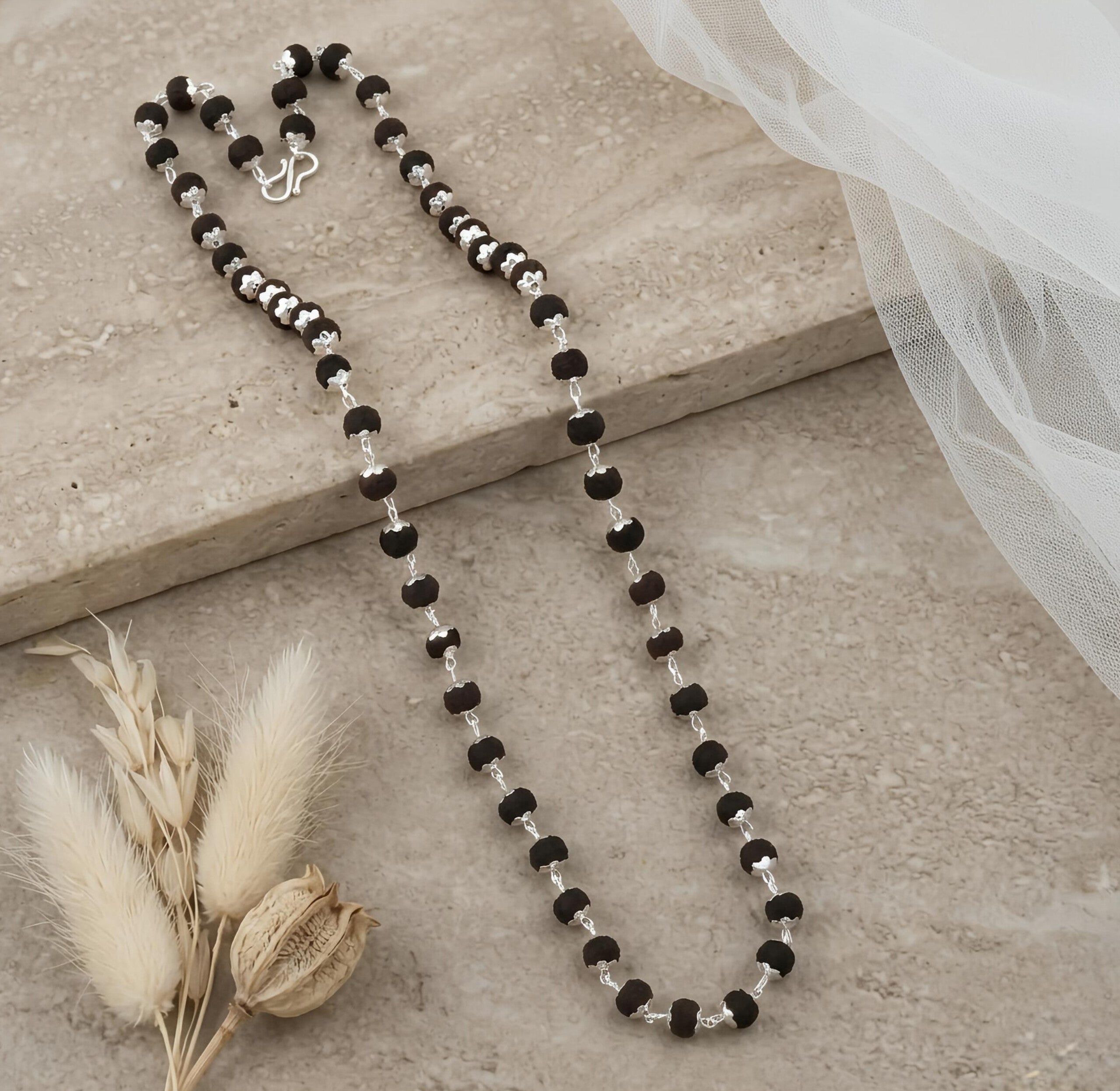 Karungali Malai Necklace - Silver Cap Plated (Black Ebony) - 8mm