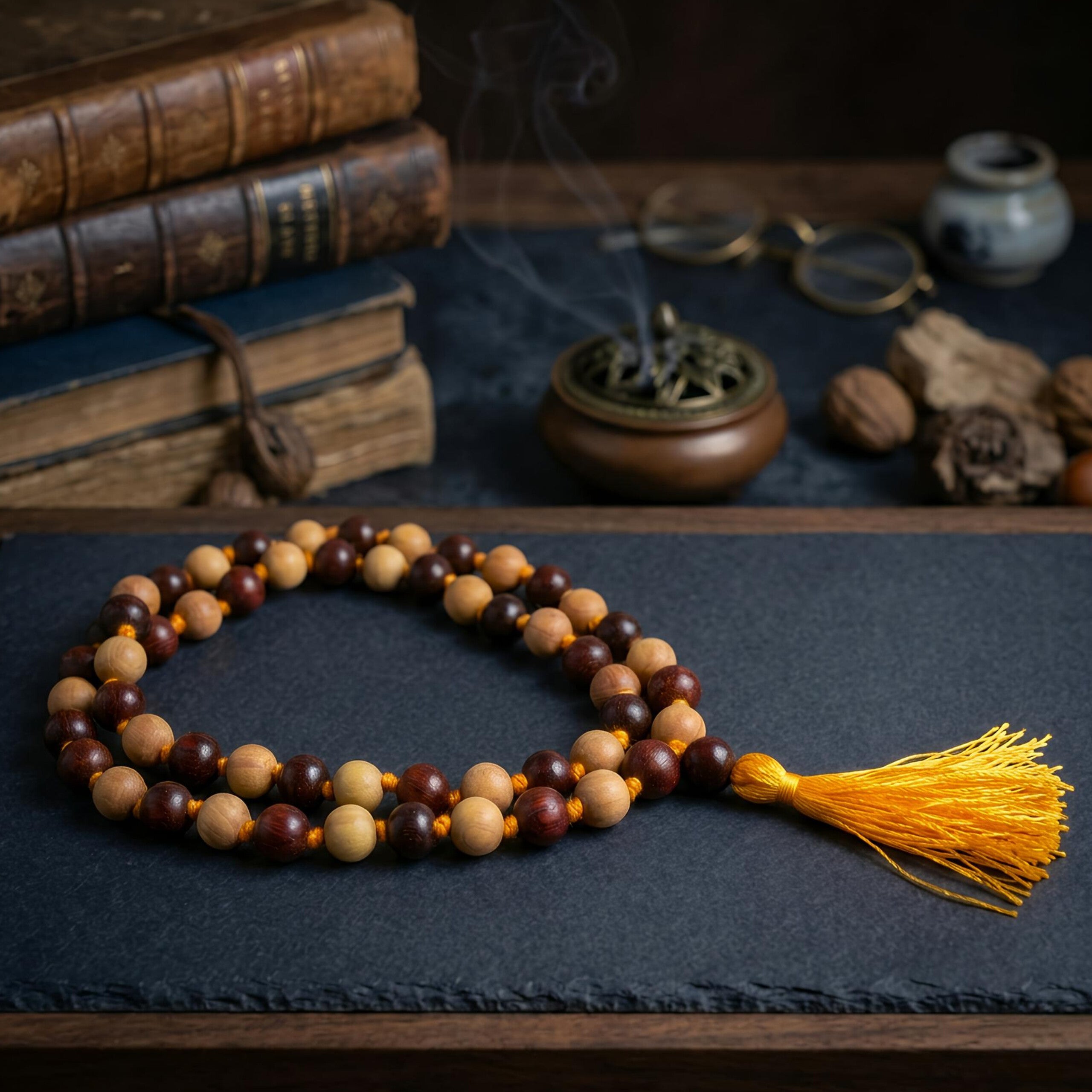 White & Red Sandalwood Mala 10mm Jaap Mala – Natural 54 / 108 Beads