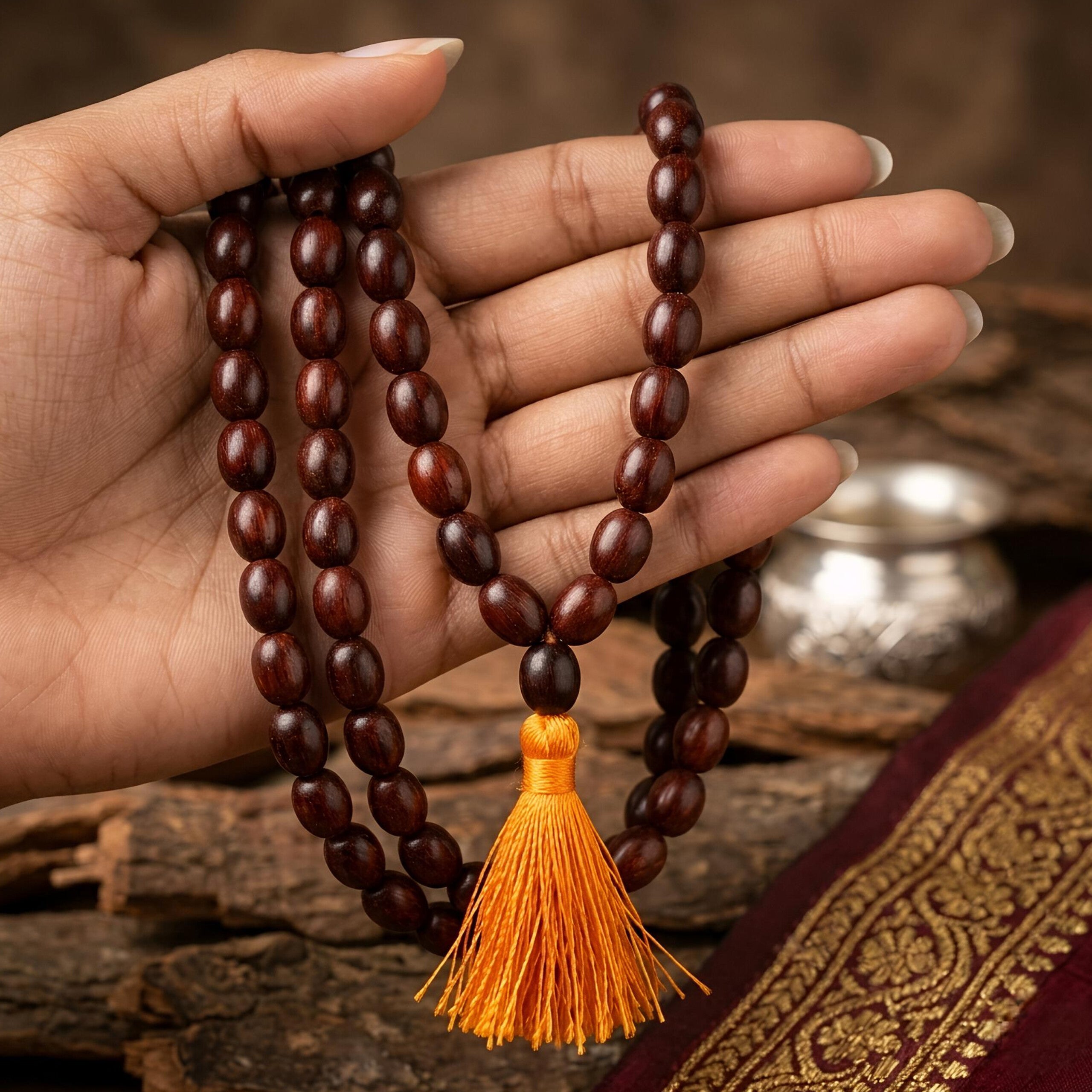 Red Sandalwood Mala (Rakt Chandan) – Natural Oval Beads 10mm