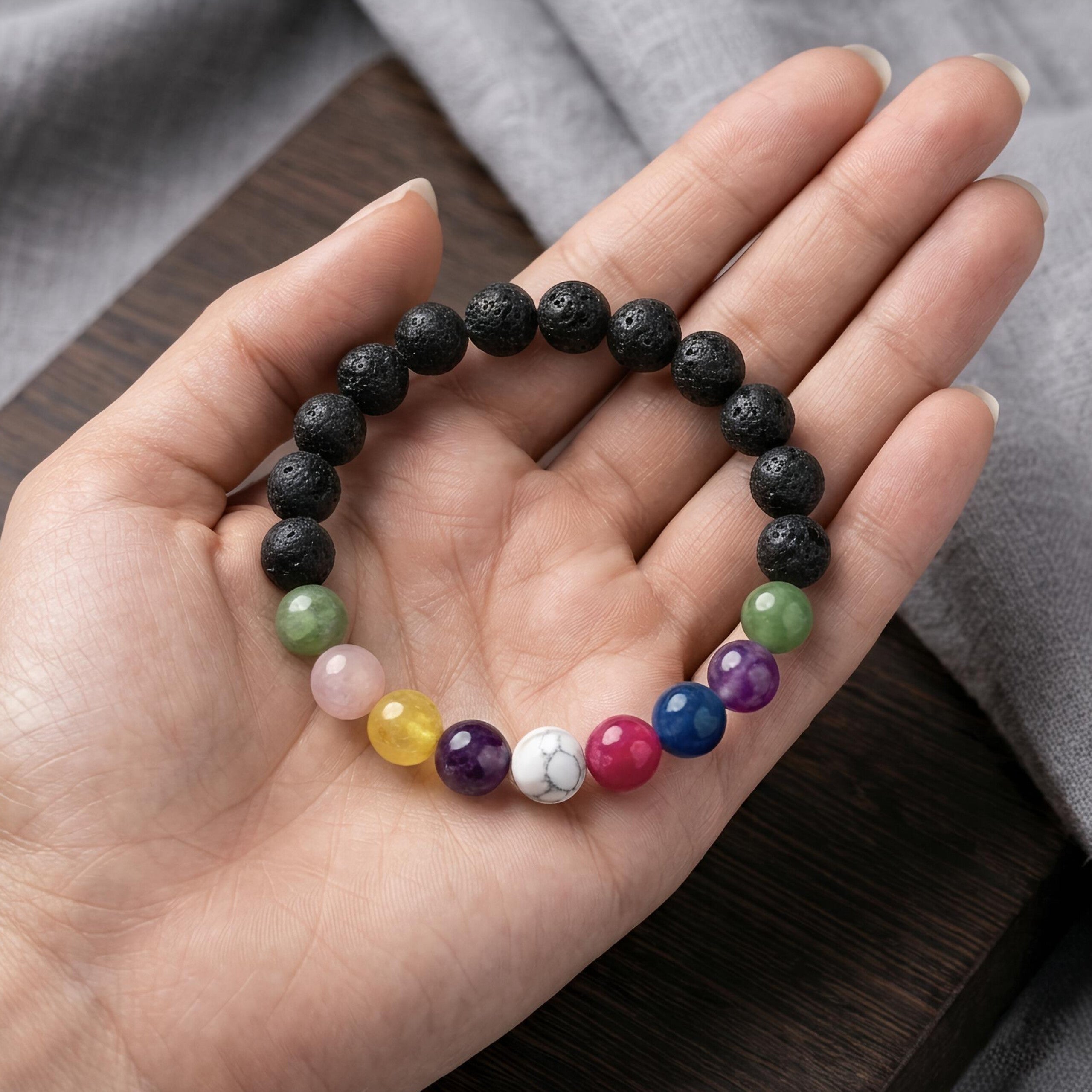 9 Chakra with Lava Stone Bracelet – Natural Volcanic &amp; 9-Color Gemstone Beads