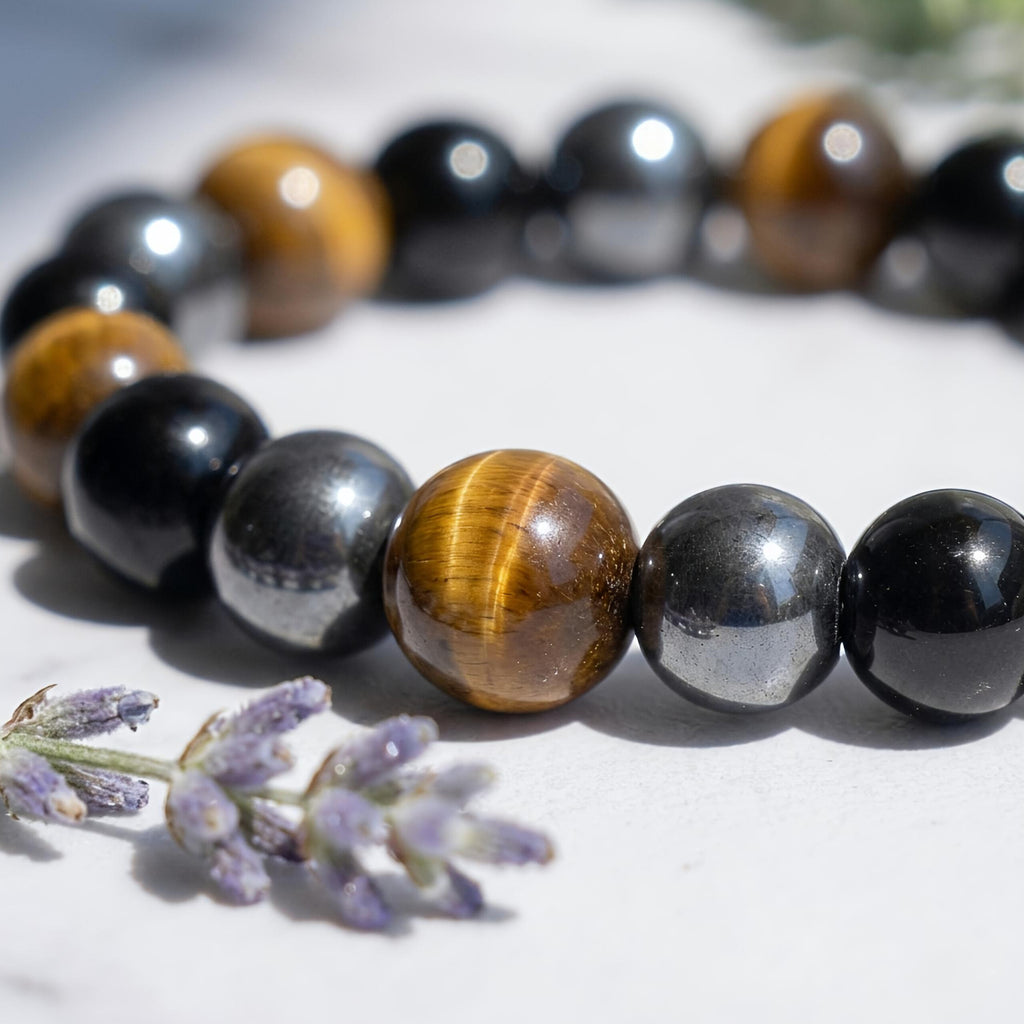 Triple Protection Bracelet – Natural Tiger Eye, Hematite & Black Obsidian