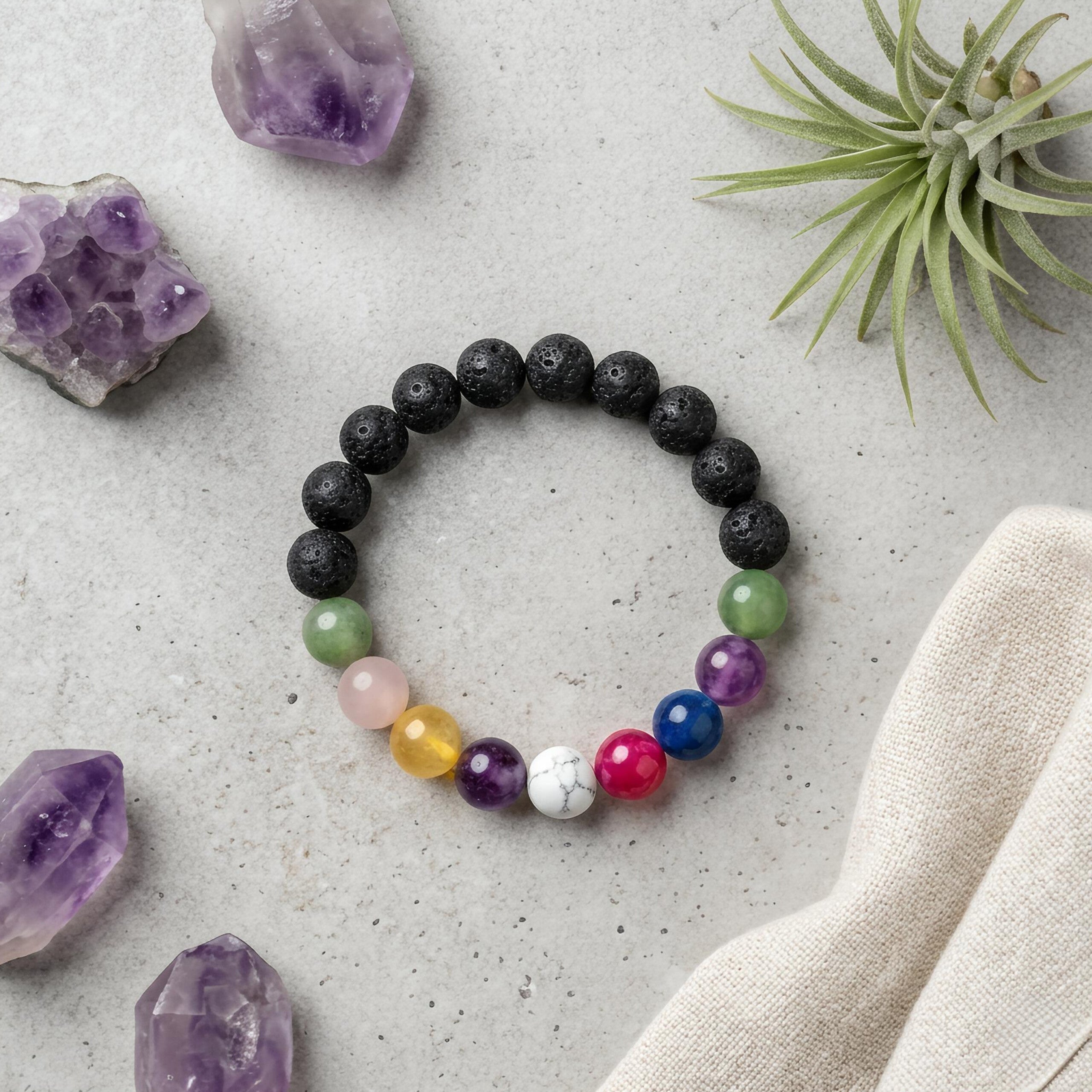 9 Chakra with Lava Stone Bracelet – Natural Volcanic &amp; 9-Color Gemstone Beads