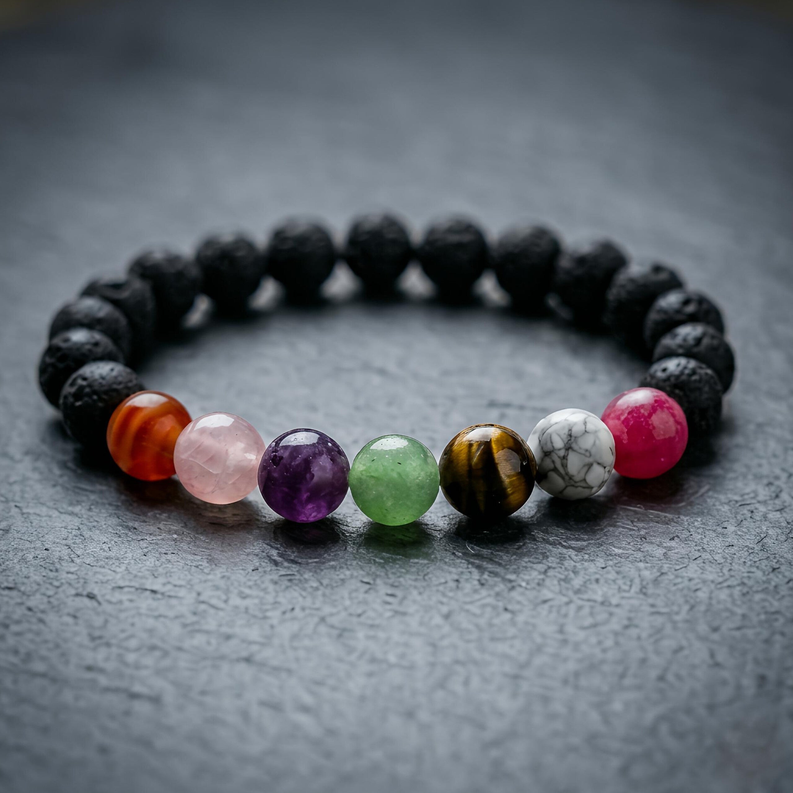 7 Chakra with Lava Stone Bracelet – Natural Volcanic & Multi-Color Beads