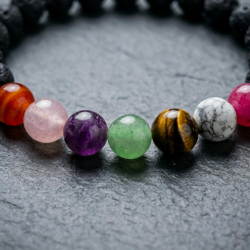 7 Chakra with Lava Stone Bracelet – Natural Volcanic & Multi-Color Beads