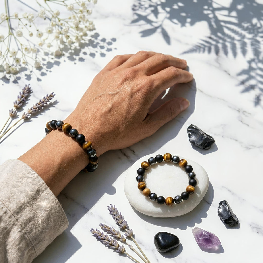 Triple Protection Bracelet – Natural Tiger Eye, Hematite & Black Obsidian