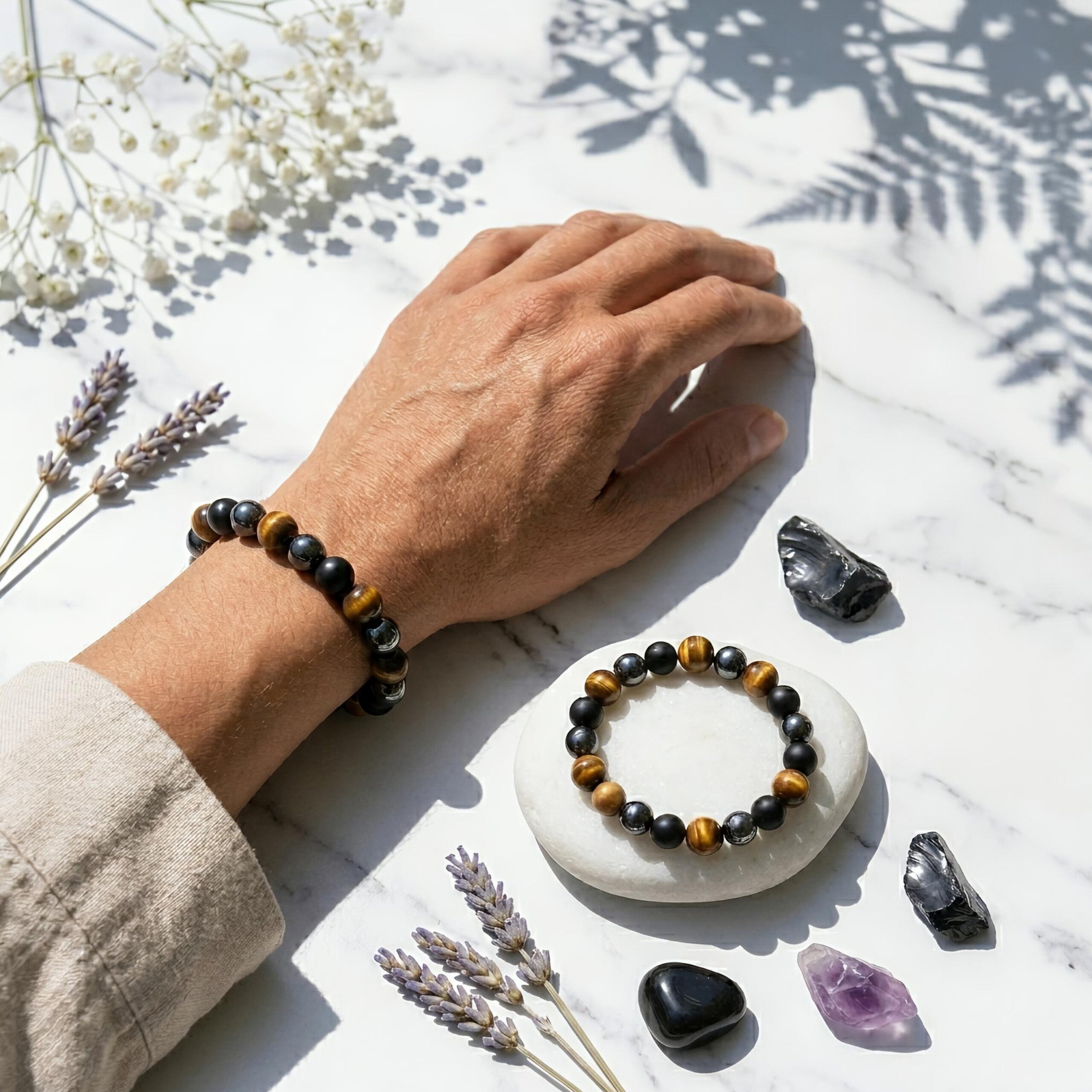 Triple Protection Bracelet – Natural Tiger Eye, Hematite & Black Obsidian