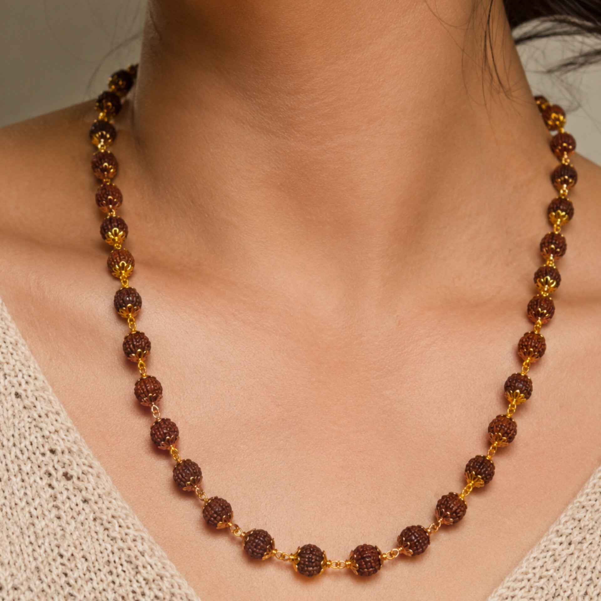 Gold Plated Modern Rudraksha Mala – Natural Beads with Premium Metallic Caps & Accents
