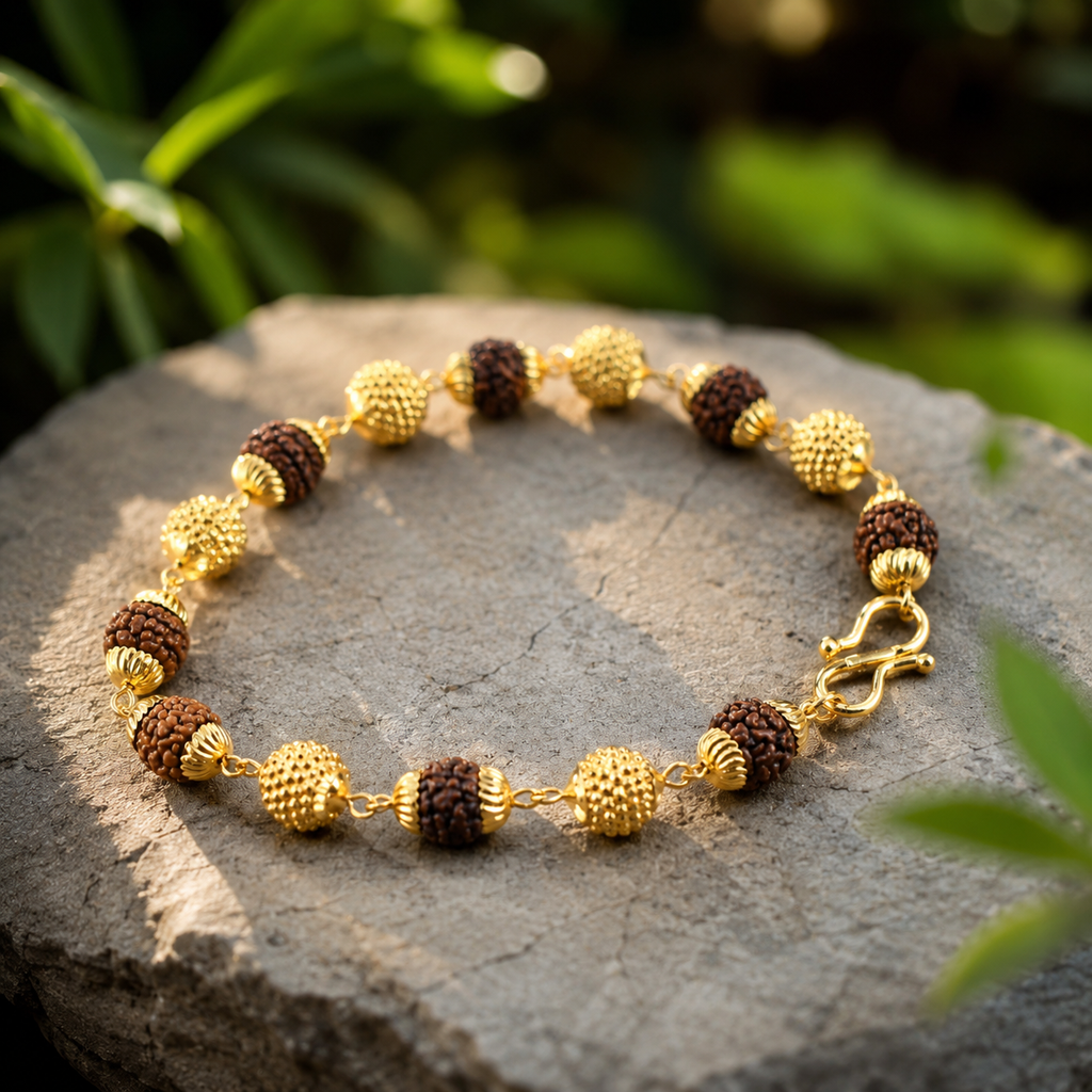 Gold Plated Modern Rudraksha Bracelet – Natural Beads with Premium Metallic Accents