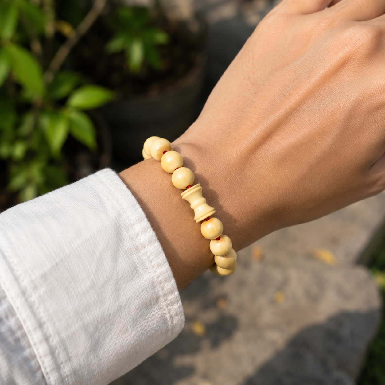 Bel Wood Bracelet with Damru – Natural Bilva Wood Beads &amp; Carved Focal Element