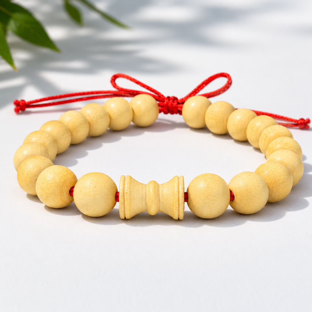 Bel Wood Bracelet with Damru – Natural Bilva Wood Beads &amp; Carved Focal Element